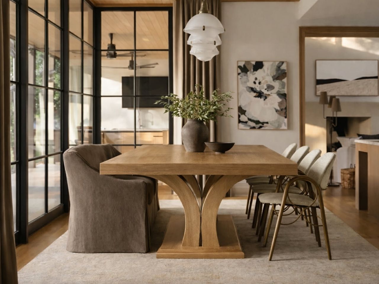 light wood rectangular dining table with upholstered cream chairs, styled in a dining room with a rug. 