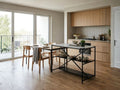 Metal and wood kitchen island with open shelves in a contemporary kitchen.