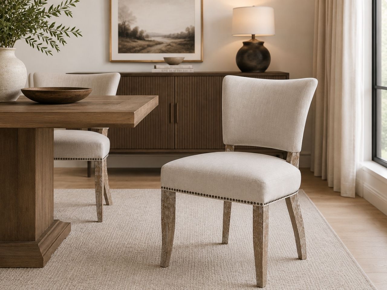 Luther Oyster Dining Chair in Calgary in a dining room setting. 