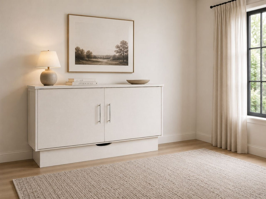 Modern brushed white Murphy bed cabinet with clean lines, minimalist styling, and neutral bedroom decor.