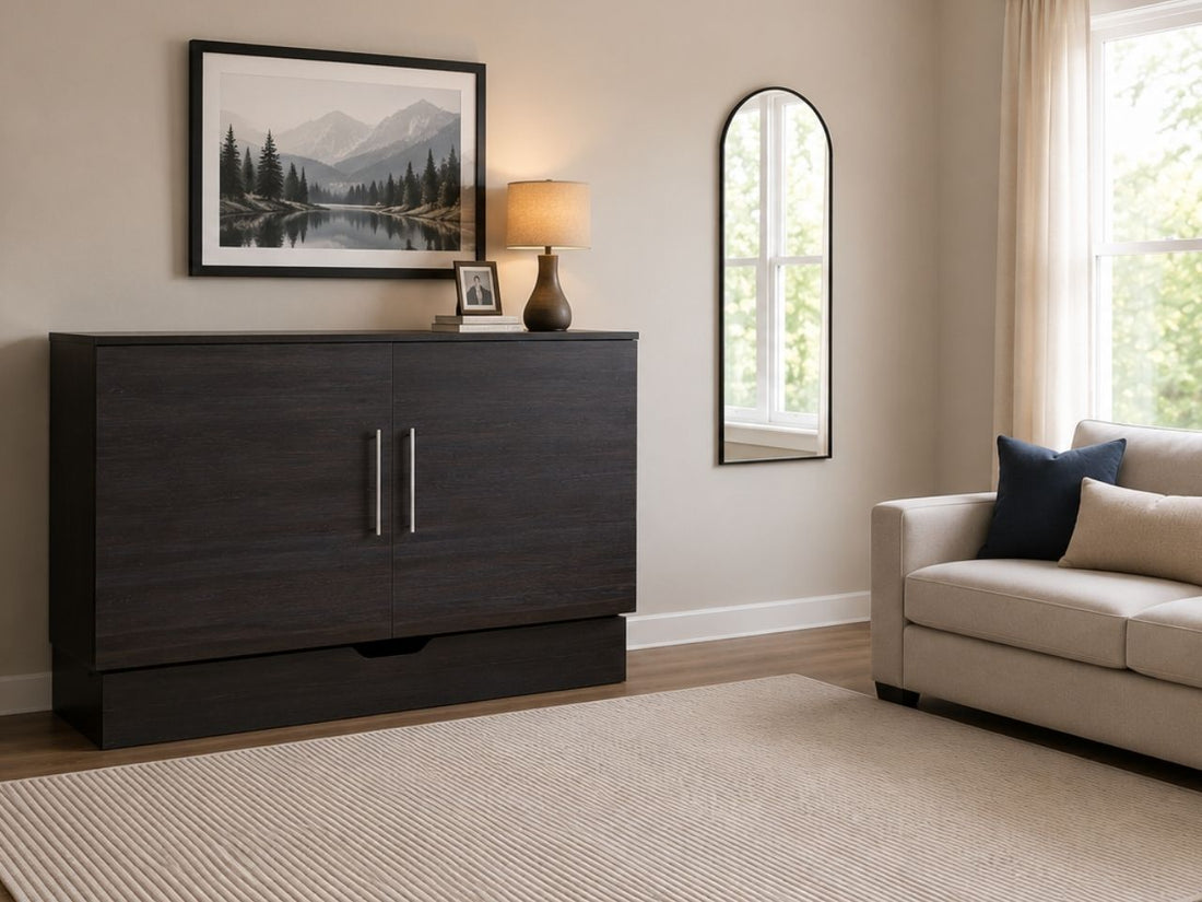 Modern espresso Murphy bed cabinet with sleek contemporary styling, minimalist hardware, and warm neutral living room decor.