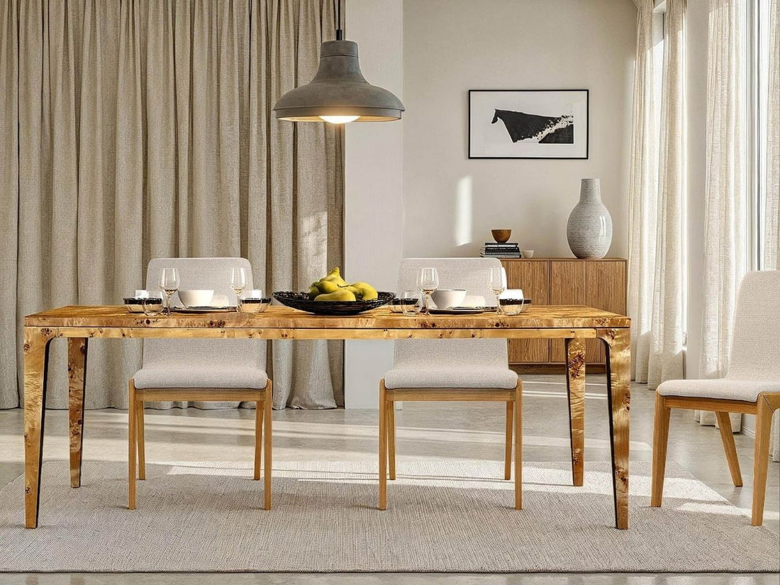 Rectangular burl wood dining table styled with chairs in a bright dining room.