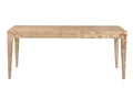 Rectangular light burl wood dining table with tapered legs on white background.