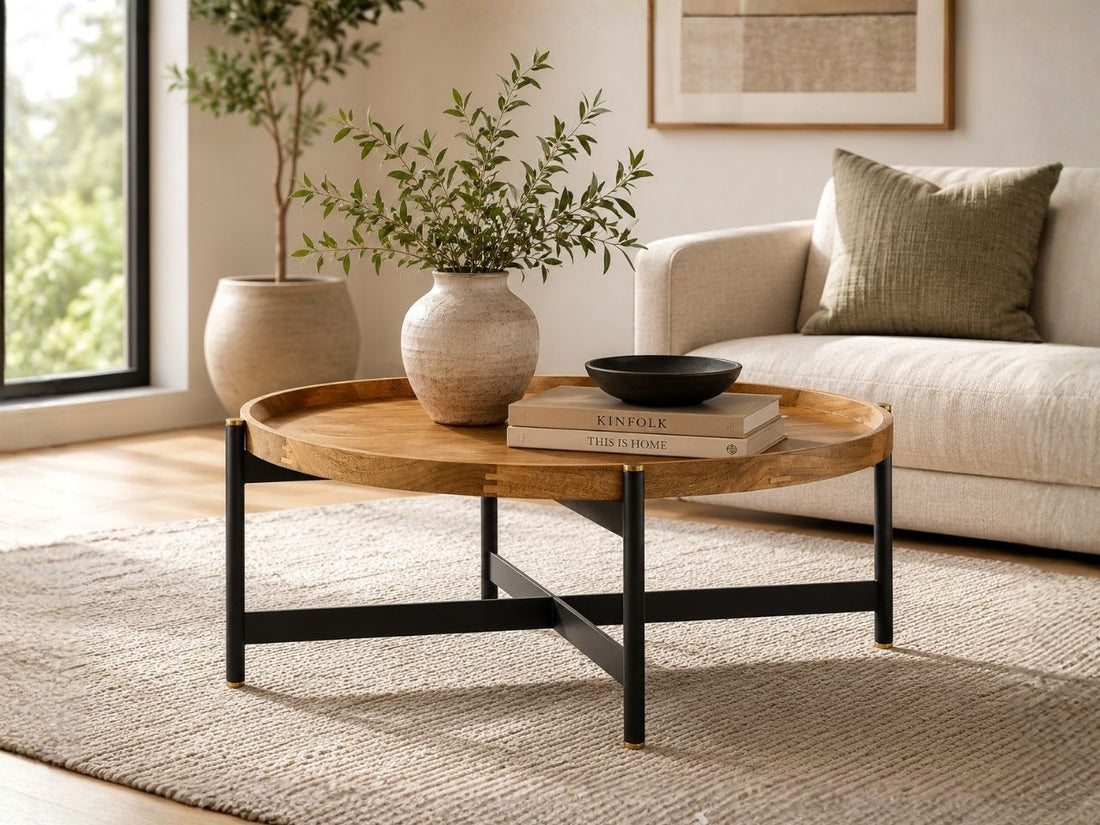 Round tray-top coffee table featuring a natural wood finish and black metal base, styled in a contemporary living room with neutral décor.