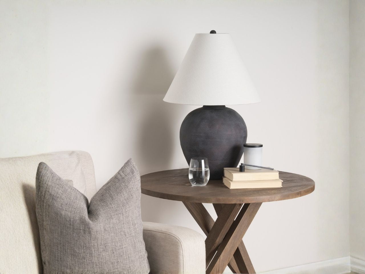 Marvin Black Ceramic Table Lamp with White Drum Shade in Calgary