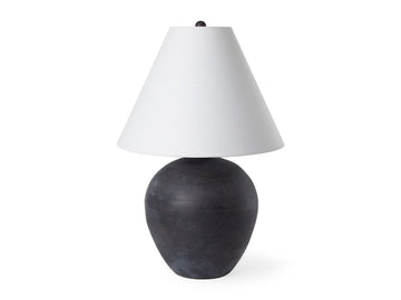 Marvin Black Ceramic Table Lamp with White Drum Shade in Calgary in a white background