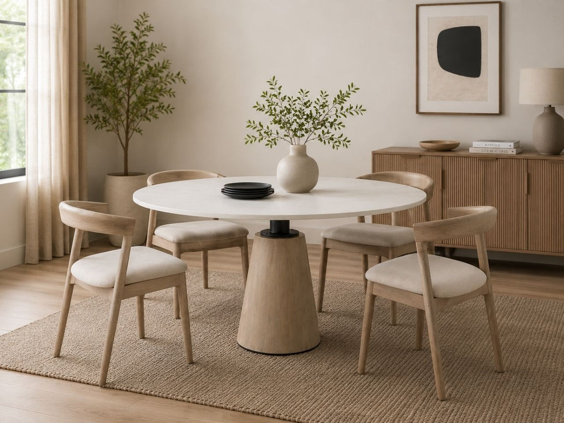 Round white dining table with four upholstered wood-frame chairs in a modern dining room.