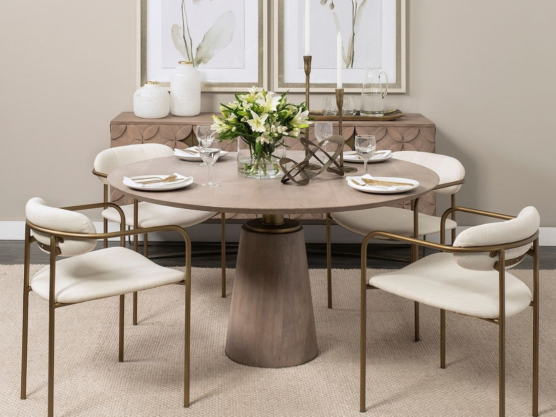 Maxwell II 54" Round Brown Solid Wood Top Dining Table in Calgary with 4 dining chairs 