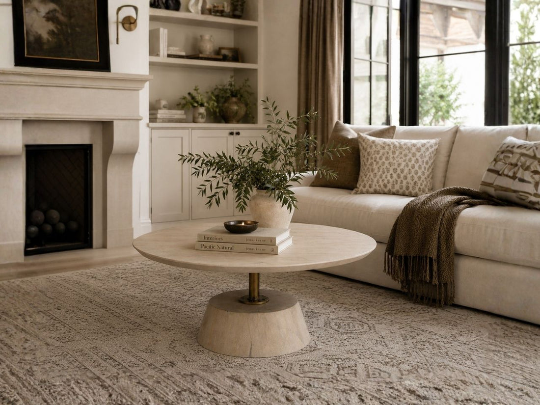 Round stone coffee table in a cozy, modern living room.