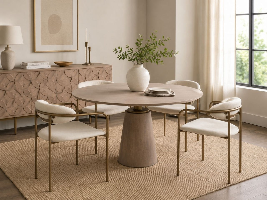 Round wood dining table with four upholstered accent chairs in a warm contemporary dining room.