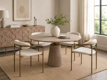 Round wood dining table with four upholstered accent chairs in a warm contemporary dining room.