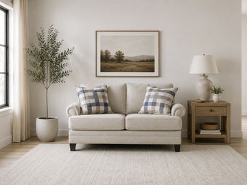 Light beige loveseat with plaid accent pillows in a warm and inviting living room.