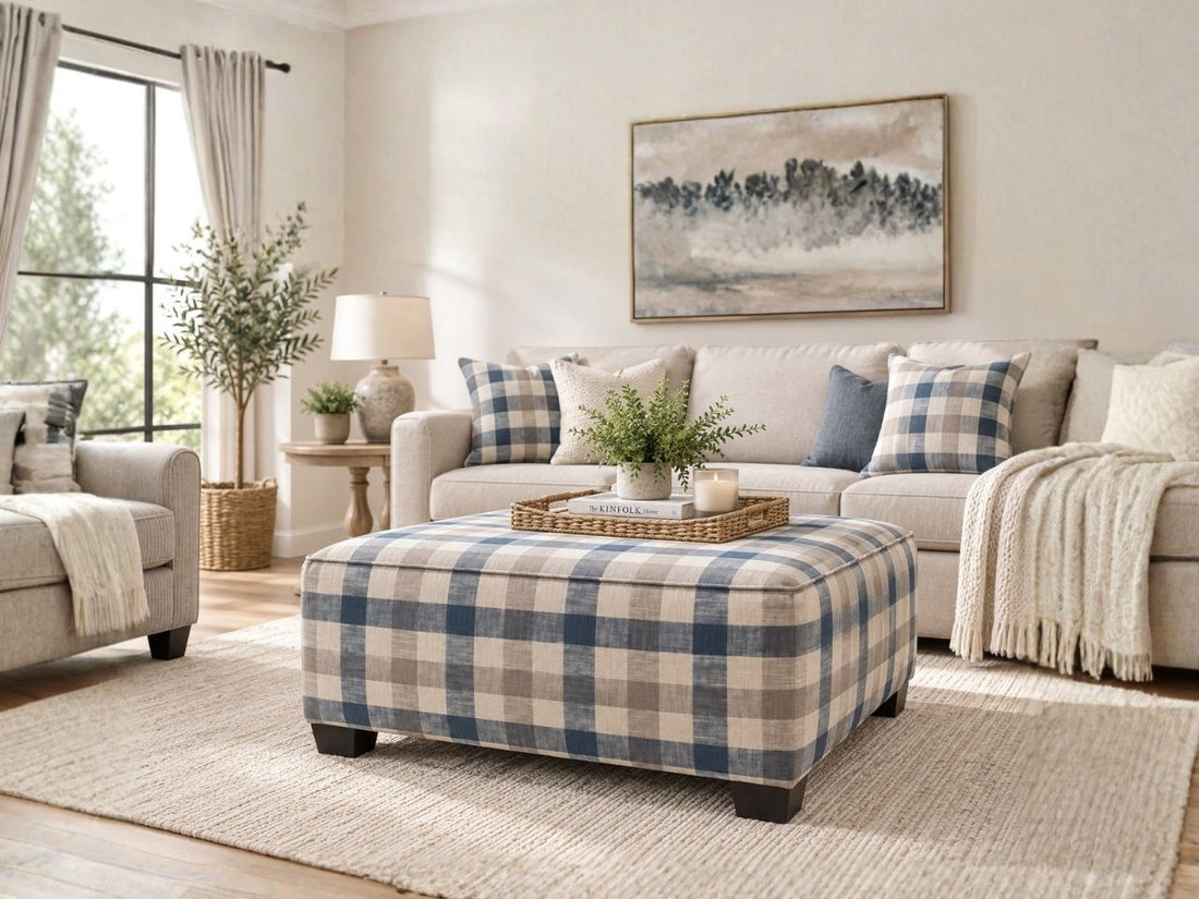 Blue and beige plaid upholstered ottoman styled in a bright modern living room, perfect for ottoman furniture in Calgary and cozy contemporary home décor.
