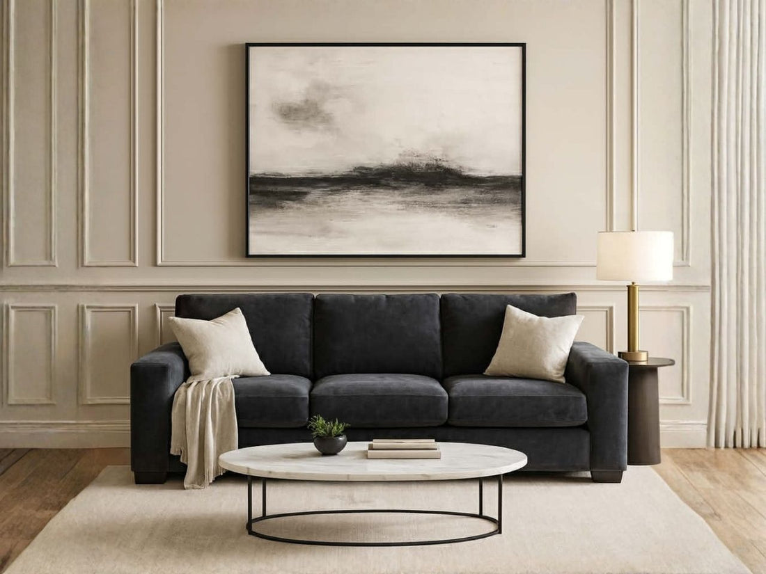 Memories Custom Sofa in a room with a  painting on the wall.