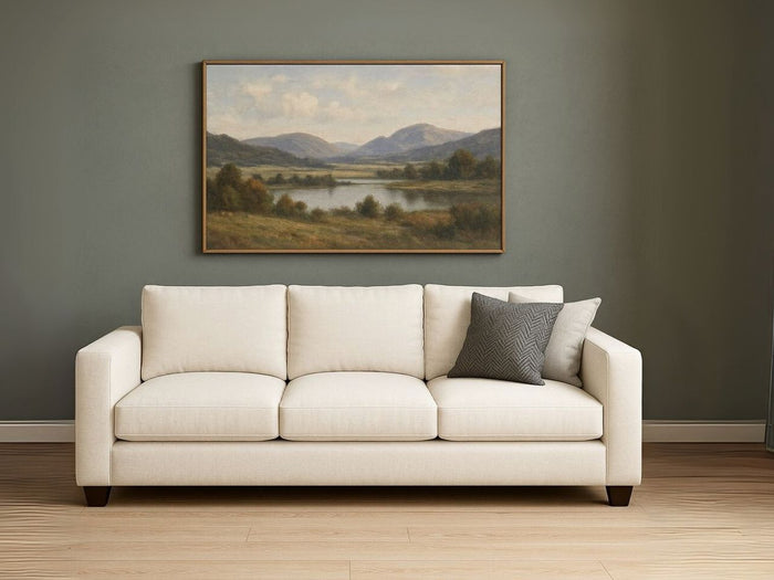 Memories Custom Sofa in a room with a landscape painting on the wall.