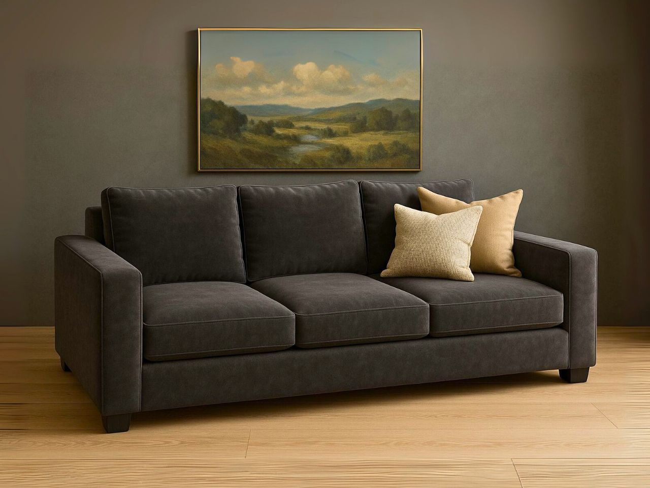 Memories Custom Sofa with beige pillows in a room with a landscape painting on the wall.