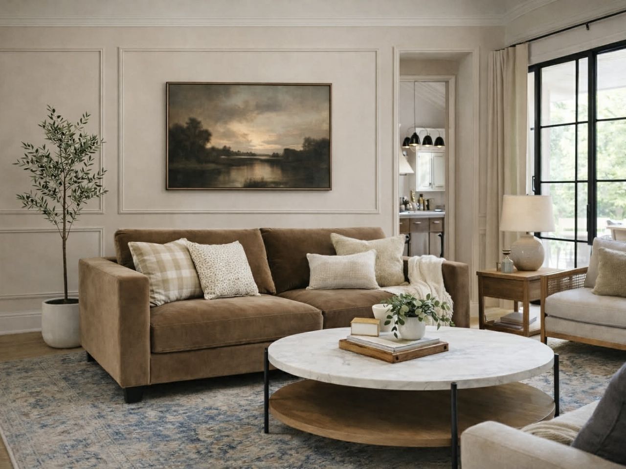 🇨🇦 Memories Custom Sofa in Calgary with a round coffee table in a living room setting. 