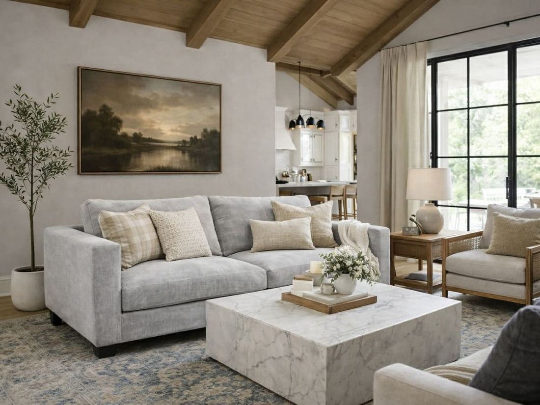 🇨🇦 Memories Custom Sofa in Calgary with a round coffee table in a living room setting. 