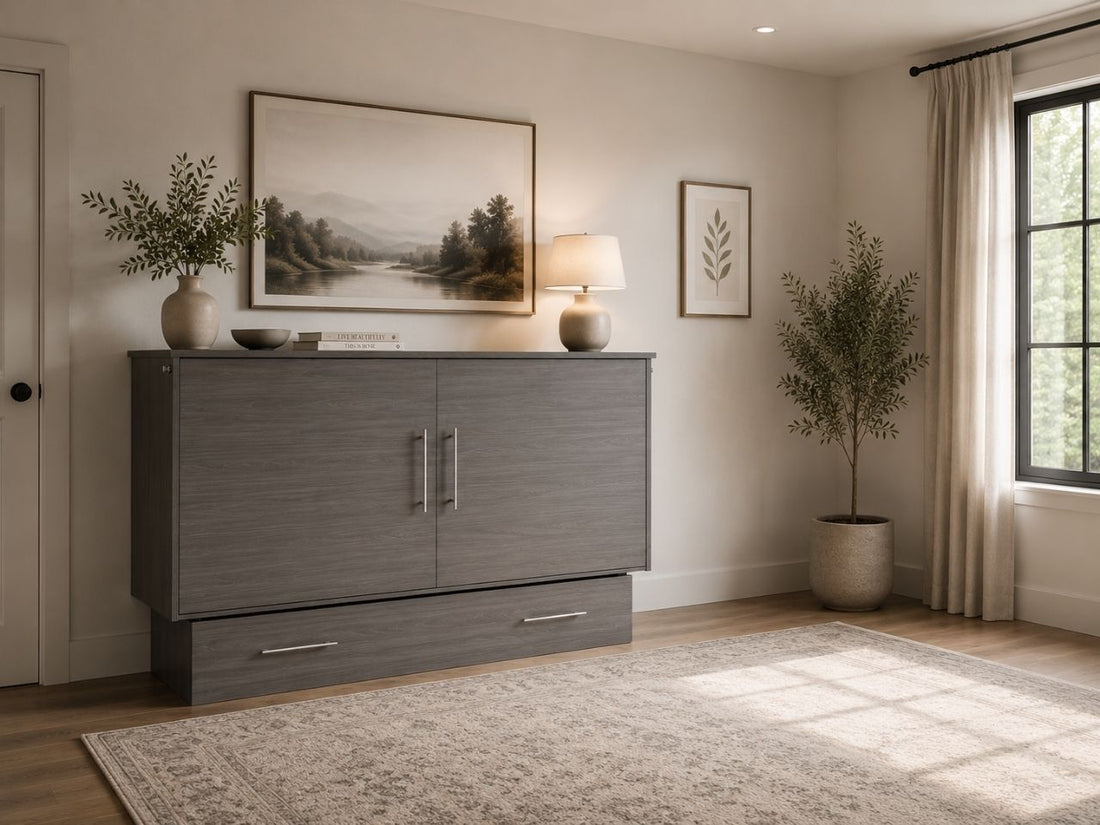 Modern grey Murphy bed cabinet with sleek hardware, clean contemporary design, and neutral room styling.