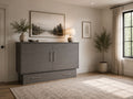 Modern grey Murphy bed cabinet with sleek hardware, clean contemporary design, and neutral room styling.