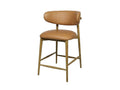 Tan leather counter stool with wood legs on a white background.