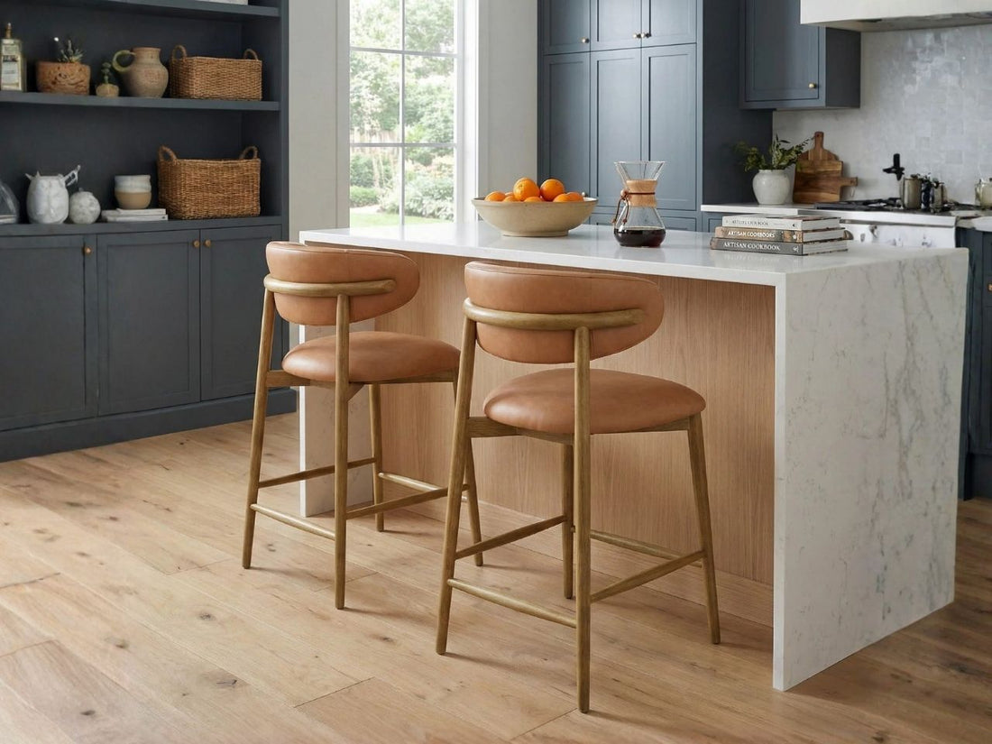 Tan leather counter stool with wood legs on a white background.