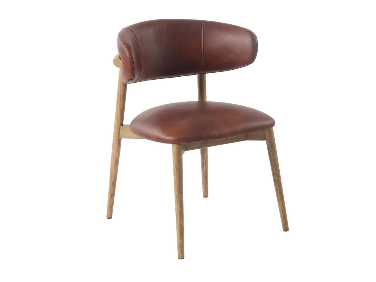 Tobacco leather dining chair with wood legs on a white background.