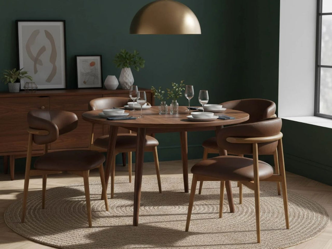 Mocha leather dining chair with curved back and wood legs on a white background.