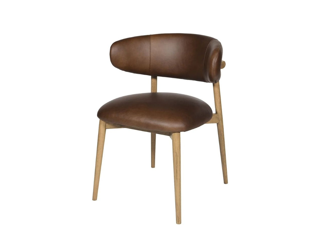 Mocha leather dining chair with curved back and wood legs on a white background.