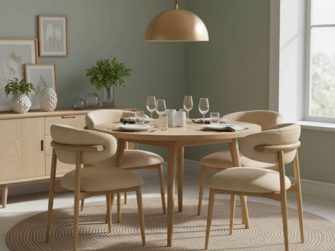 Beige upholstered dining chair with wood legs on a white background.