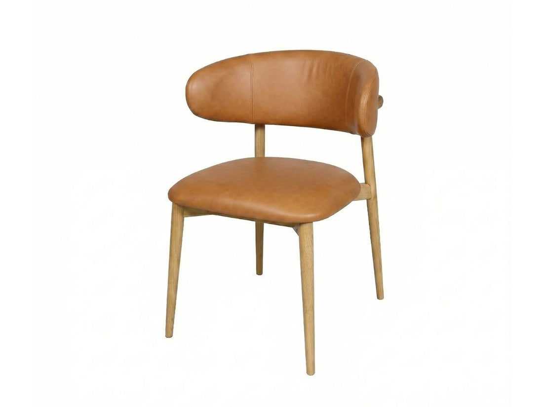 Tan upholstered dining chair with wooden legs on a white background.