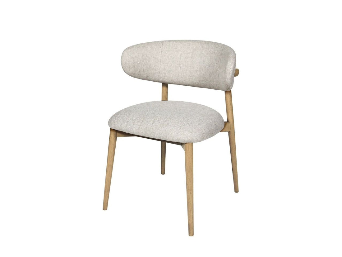 Vanilla tweed upholstered dining chair with light wood legs on a white background.