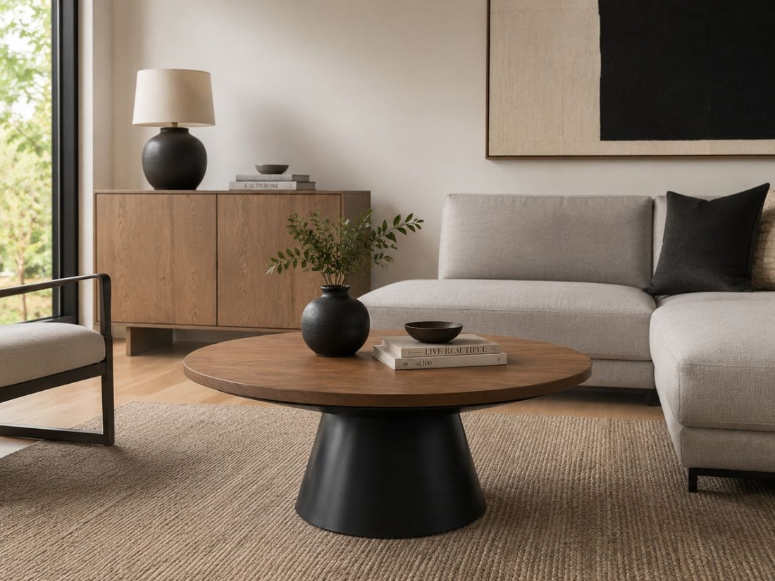 Modern round coffee table with a warm wood tabletop and sculptural black pedestal base, styled in a contemporary living room with neutral furnishings.