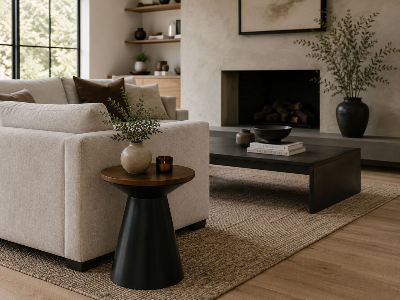 Round wood and black metal side table beside a cream sofa in a modern living room.