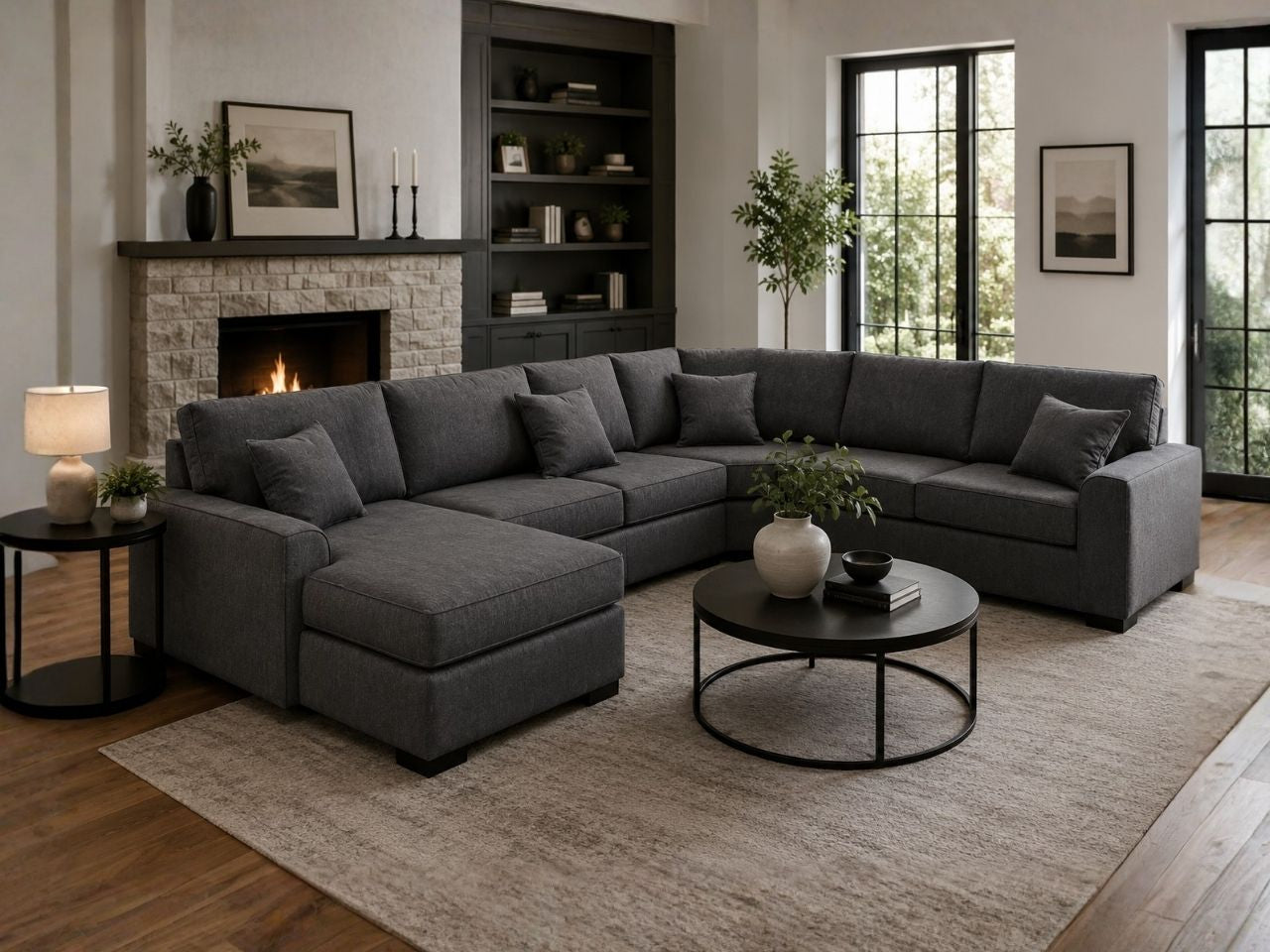 Gray sectional with clean lines and a cozy contemporary style.
