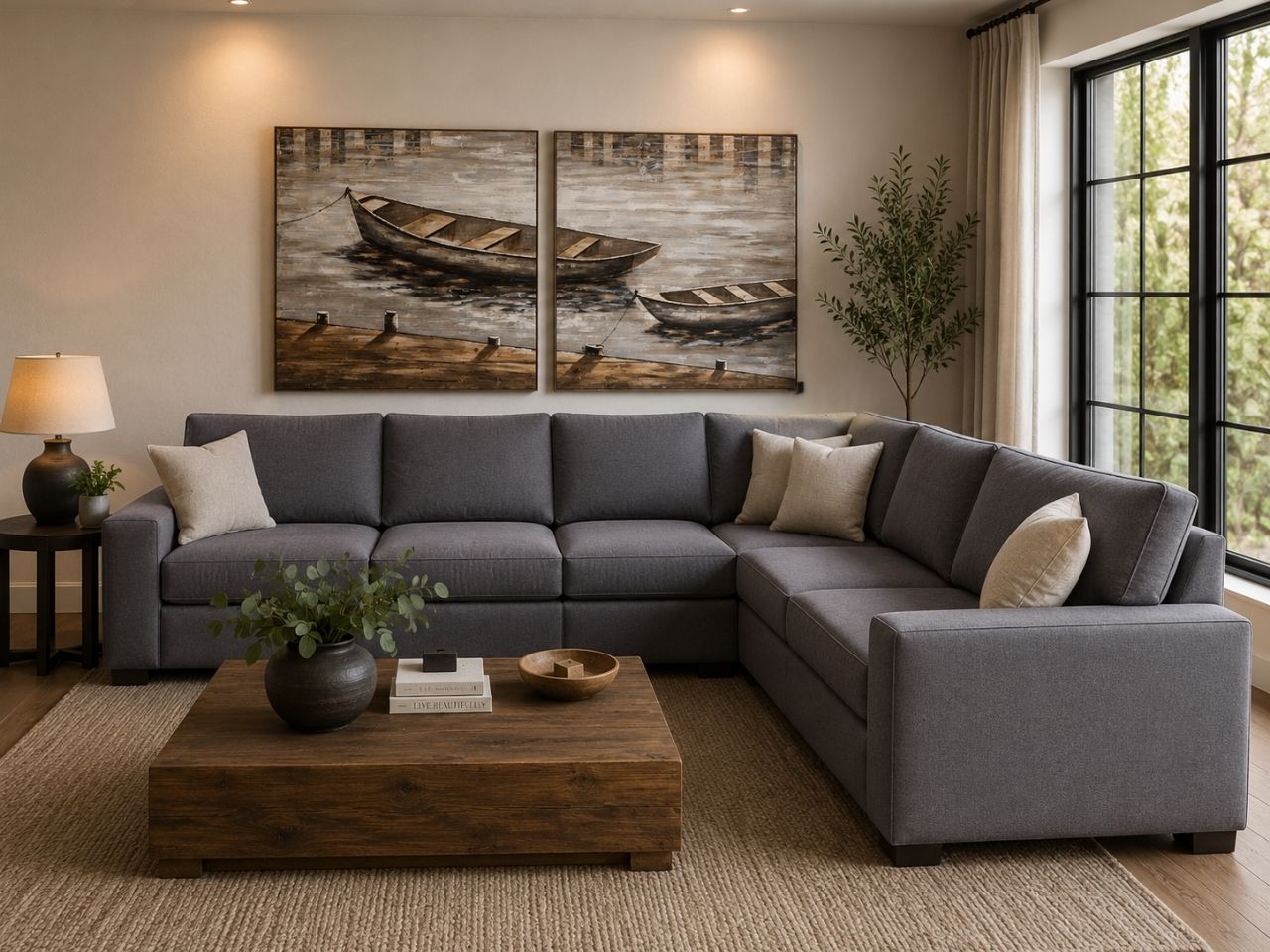 Dark gray sectional with deep seating and a warm, inviting look.