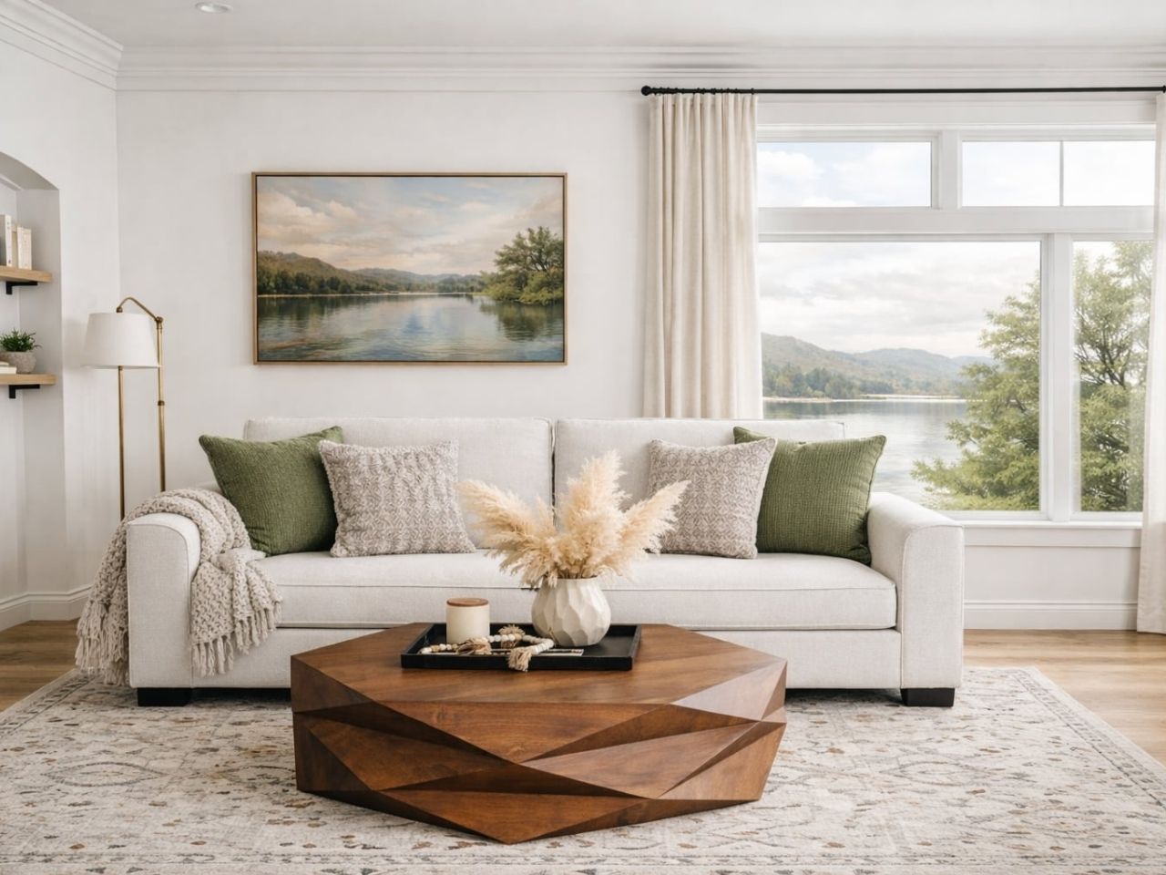 Light-filled living room with a cream sofa, green accent pillows, and a wooden coffee table by a large window. 