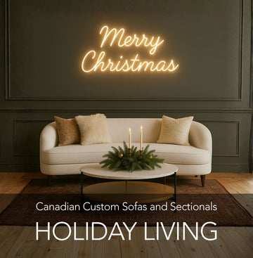 Beige sectional sofa in Calgary in a living room with a Christmas tree and 'Merry Christmas' neon sign by Showhome Furniture
