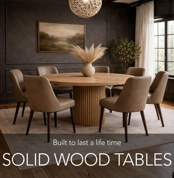 Dining room with a wooden table and chairs, featuring text about solid wood tables.