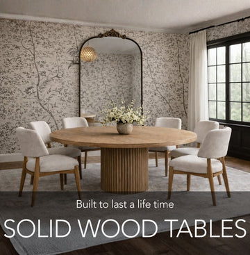 Dining room with a wooden table and chairs, featuring text about solid wood tables.