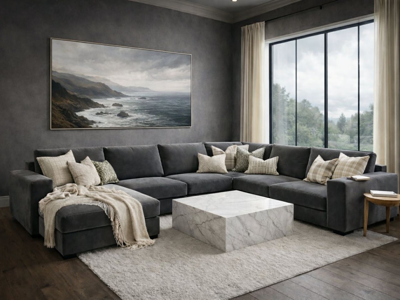 Dark gray sectional sofa in a modern living room with a marble coffee table, neutral pillows, and large window.