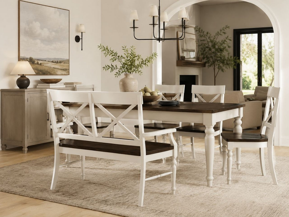 Mountain Retreat Dining Bench in a dining room setting. 