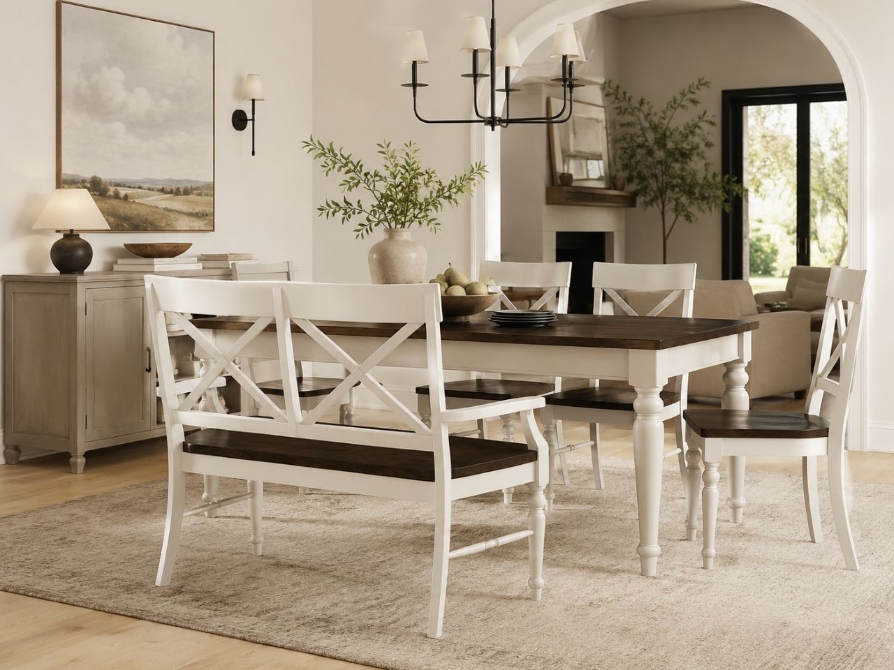 Mountain Retreat Dining Bench in a dining room setting. 