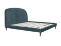 Upholstered bed frame with curved headboard and wood slats on a white background.