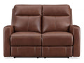 Modern reclining loveseat in leather upholstery on a white background.
