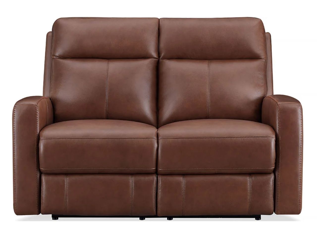 Modern reclining loveseat in leather upholstery on a white background.