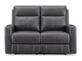 Reclining loveseat upholstered in leather, shown on a white background.