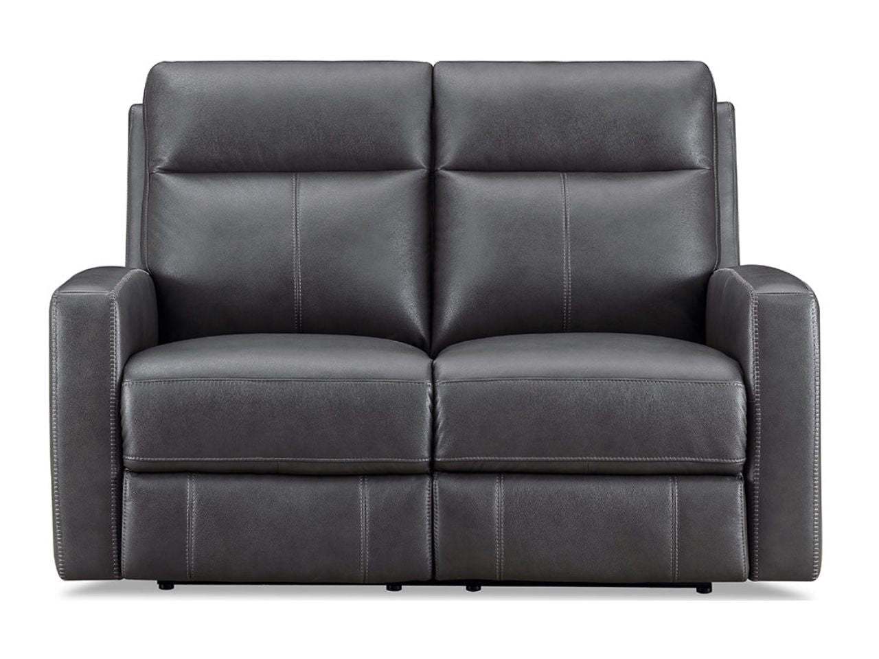 Reclining loveseat upholstered in leather, shown on a white background.