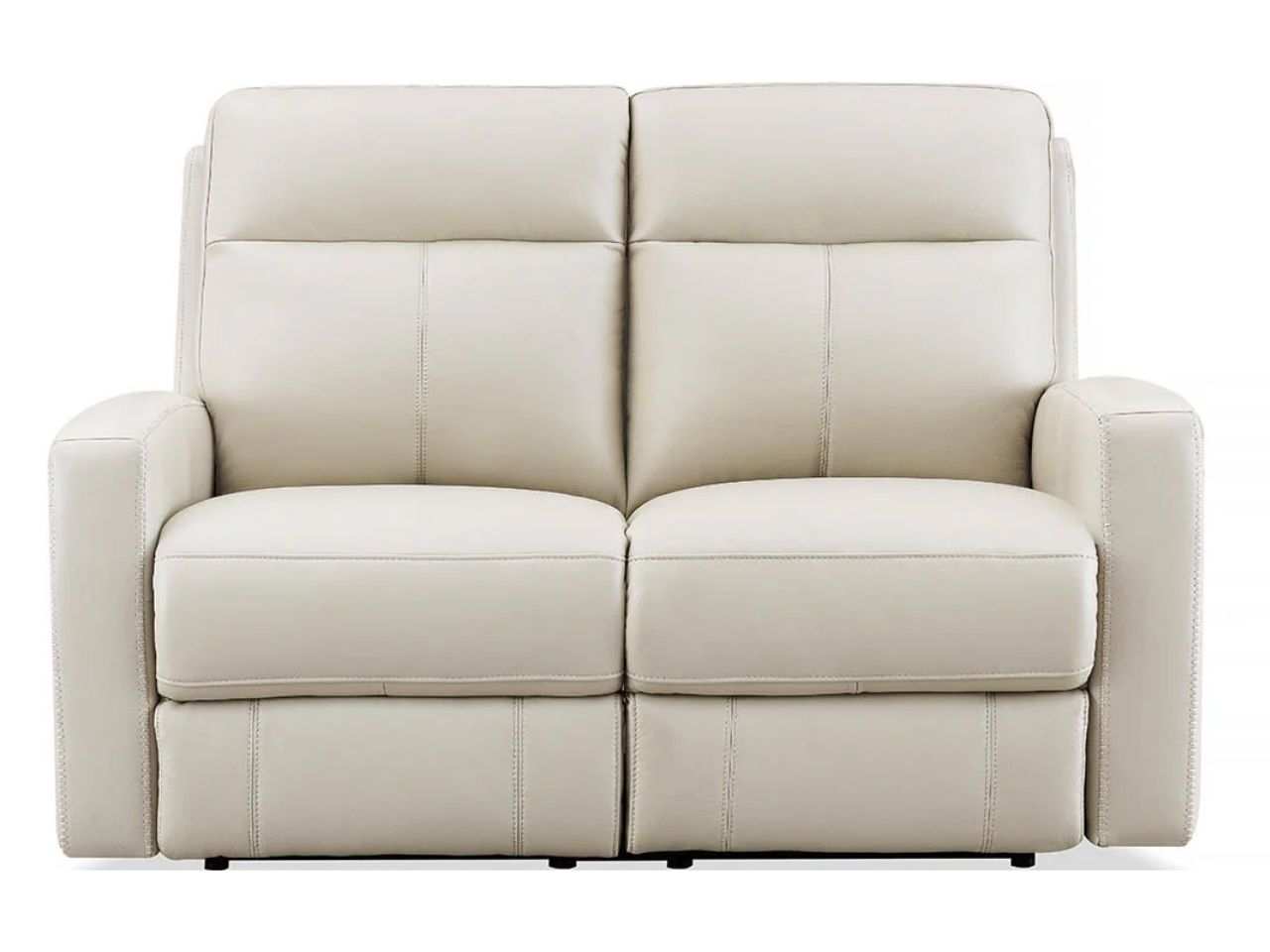 Two-seat reclining loveseat with padded arms, displayed on a white background.