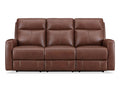 Brown leather reclining sofa shown front view on a white background.